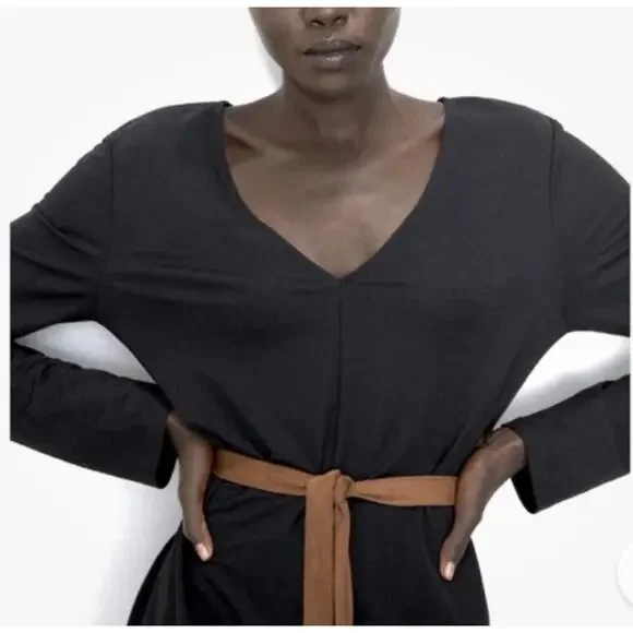 ZARA Black Long Sleeve Midi Dress with Camel Suede Belt NWT Size Small - Picture 3 of 12